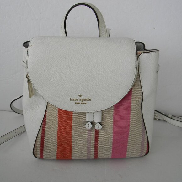 Kate Spade Leila Flap Striped Canvas Backpack Pebbled Leather Pink White main image 7
